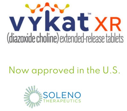 March 2025: The US FDA approved VYKAT XR (diazoxide choline) extended-release tablets, previously referred to as DCCR, for the treatment of hyperphagia in adults and children 4 years of age and older with Prader-Willi syndrome (PWS). Soleno expects VYKAT XR to be available in the U.S. beginning in April 2025.