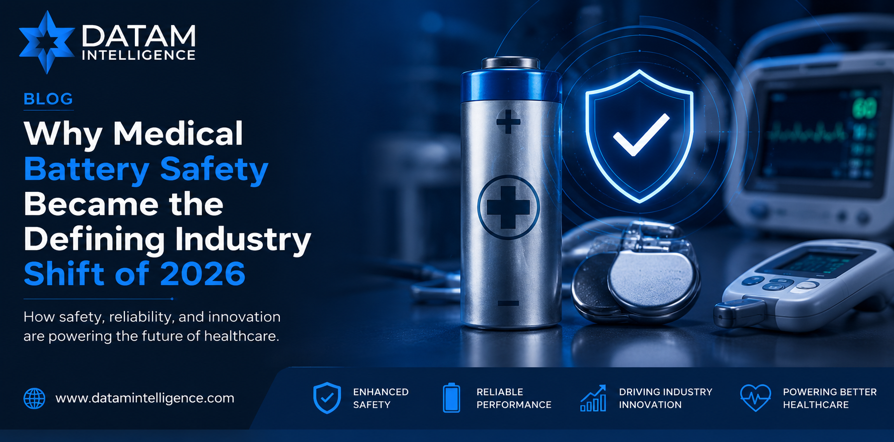 Medical battery safety in healthcare infographic showing implantable medical batteries, wearable medical devices, patient monitoring systems, and advanced battery safety technologies powering AI-driven healthcare and connected medical ecosystems in 2026.